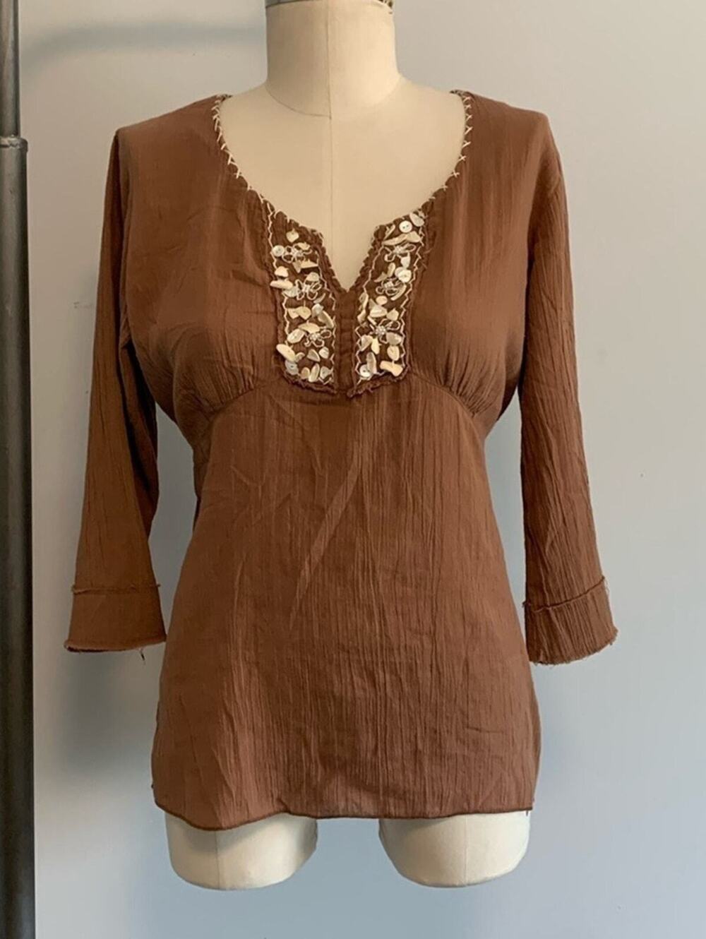Vintage 2000s KIKIT Shell Blouse Brown Women’s Medium Y2K Fairy